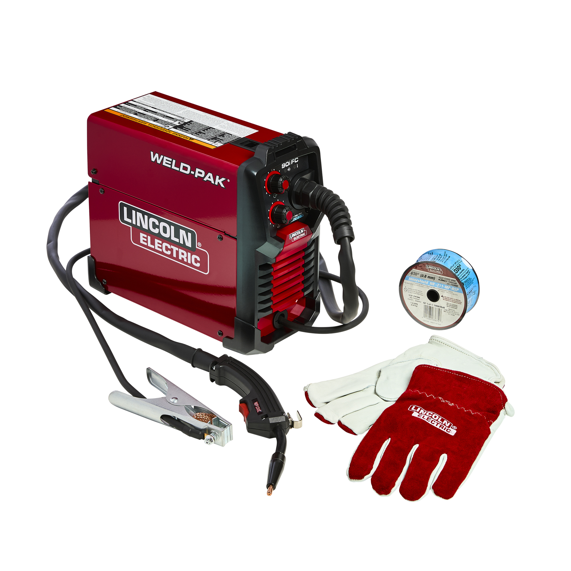 Lincoln Electric WELD-PAK 90i FC Flux-Cored Wire Feeder Welder (No Gas) Kit, Model# K5255-1 with Large Metal Working Gloves, 0.035 Flux Core Wire, Model# K5387-7